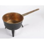 18th Century bronze skillet, raised on three splayed tapering legs, the handle with 'Wasbrough',