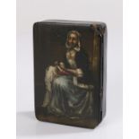 19th Century papier mache snuff box, the lid decorated with a seated lady working on her needlework,