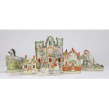 Collection of 19th Century Staffordshire pottery, to include an incense burner house, another house,