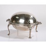 Silver plated bacon dish, with a swing over top above the hipped cabriole legs, 37cm wide