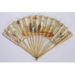 19th Century bone and hand painted fan, the bone sticks with a painted scene of a ruler walking