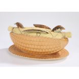 Victorian Staffordshire game pie dish and cover, modelled as a basket with two game birds and tied