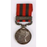 Victorian India General Service Medal with clasp 'BHOOTAN' (329 GUNR. M. BEVIS. No 5 By. 25th BD.