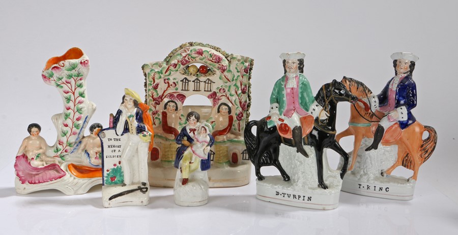 19th Century Staffordshire pottery, to include a figure of Dick Turpin on horse back, a figure of