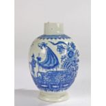 18th Century Worcester tea caddy, circa 1780, blue transfer decorated with a fisherman, crescent