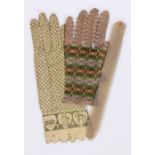 Two 19th Century gloves, the first with a row of pictorial hearts and Latin text, the second a