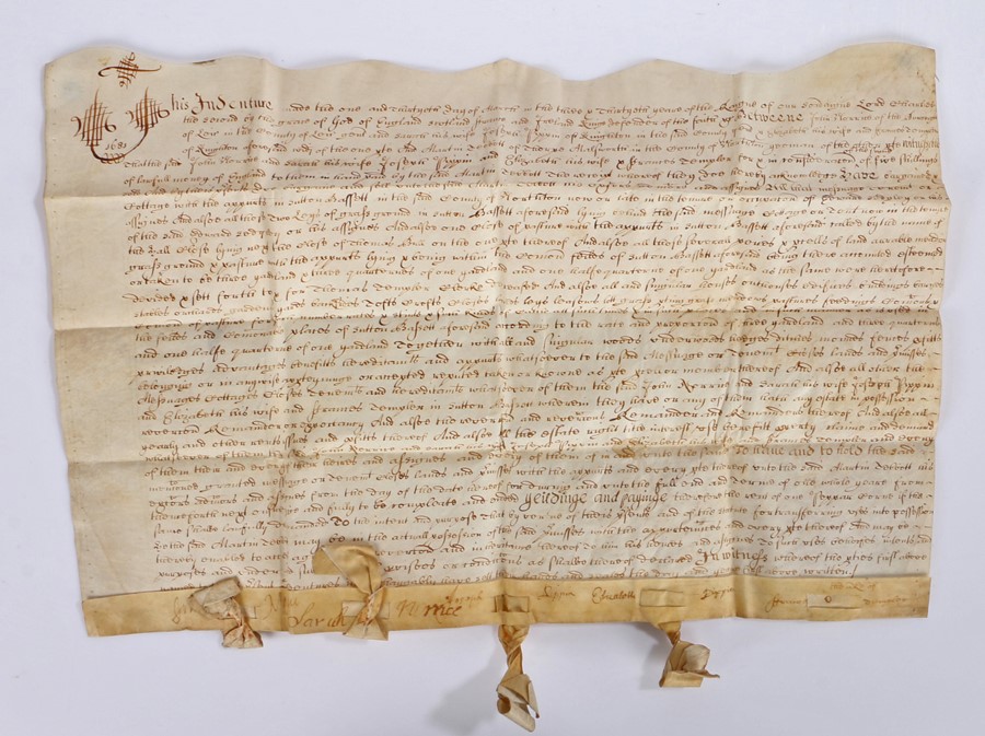 Charles II vellum indenture of Sutton Basset interest (Northamptonshire) dated 31 March 1681 between