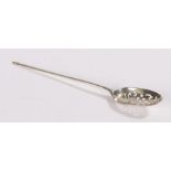 George II silver moat spoon, makers mark only for Ebenezer Coker, with pierced scroll and cross bowl