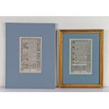 Two 16th Century book pages, circa 1505, with illustrations to the edge, 13cm x 20cm, one framed and