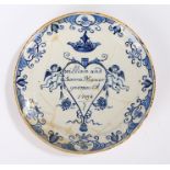 18th Century of Suffolk interest Delft dish, the named and dated dish with a heart to the centre