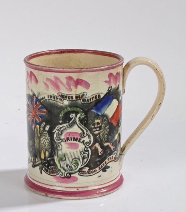 Victorian Sunderland lustre frog mug, printed in underglaze black and naively overpainted in colours