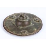 Medieval bronze boss, 14th/15th Century, with a pointed centre above the disc with three roundels,