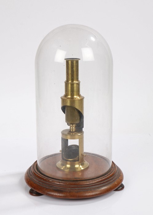 19th Century brass monocular microscope, with a Starch Arrow Root slide housed under a glass dome