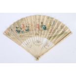 Late 18th Century French fan, with ivory sticks attached to a printed scene of musicians, hand