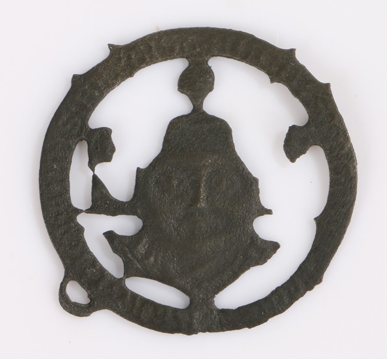 Early 15th Century Medieval pilgrims badge, Thomas Becket to the centre with script surrounding,