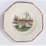 Corn Laws interest, a 19th Century pottery plate, printed and hand painted design with ships heading