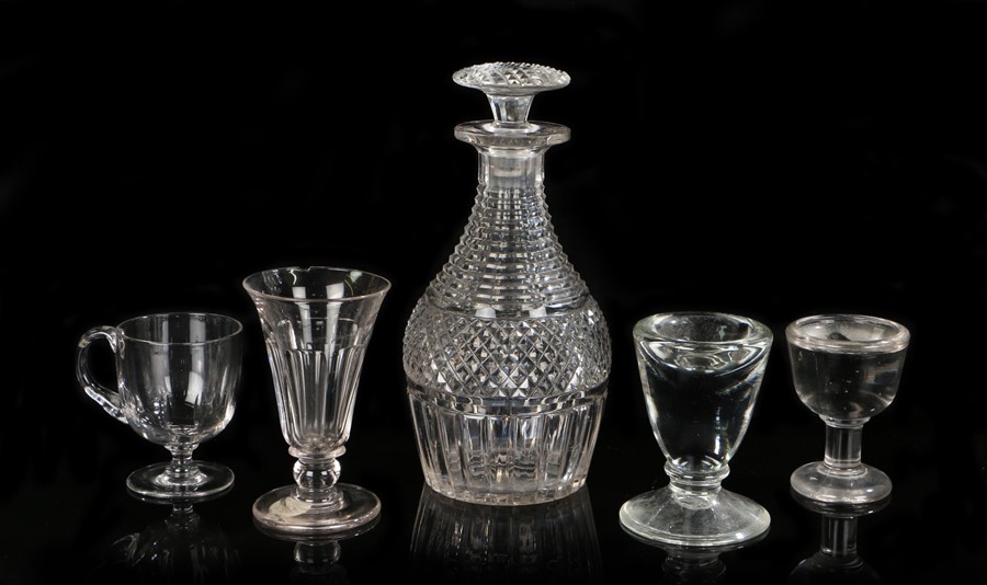 19th Century cut glass decanter, together with two Victorian penny licks, a cordial glass and a