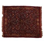 Afghan style rug with a purple and red field flower head edge, 139cm x 167cm