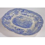 19th Century Staffordshire meat dish, with a blue and white transfer decorated scene of mountains,