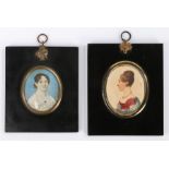 Two 19th Century portrait miniatures, the first of a lady dressed in white with a pearl necklace and