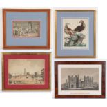 Collection of four framed prints, to include View of Wolterton Manor House Norfolk, a boxing