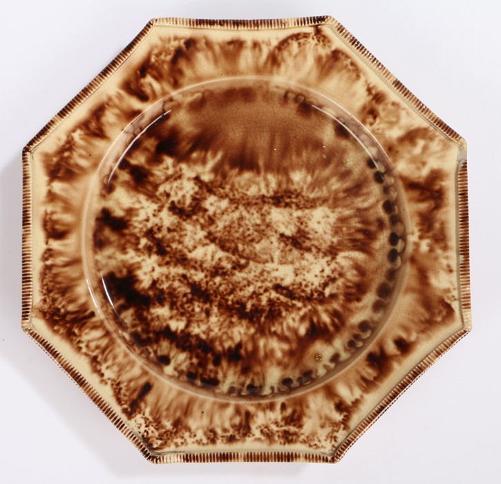 Whieldon Octagonal Plate, 18th Century, with gadrooned rim and brown spatter glaze, 22.5cm diameter