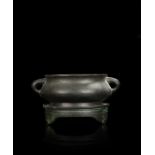 Chinese bronze censer, Xuande mark but later, with loop handles and baluster body, bears six