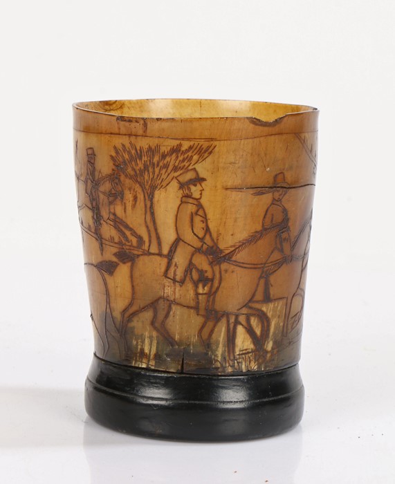 19th Century horn cup, engraved with a hunting decorated scene, figures on horse back and a huntsman