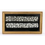 17th Century needlework, a gros point lace strip and flat point lace strip, framed, 51cm x 29cm