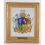 19th Century watercolour of a heraldic crest, with a crown above a four panel shield flanked by a