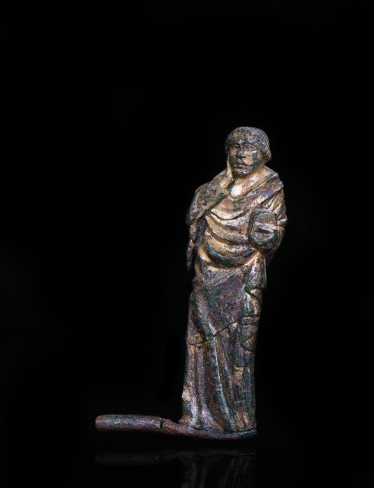 Rare 12th Century medieval figure of St John, copper alloy, solid cast, engraved and gilded: