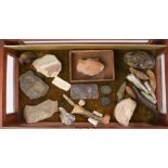 An intriguing collection of objects, to include a bone section from Southwold, pottery flask, an