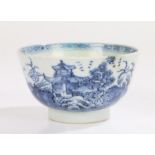 18th Century Chinese tea bowl, blue and white with a pagoda among mountains and a lake, 9cm wide
