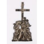 19th Century silver devotional plaque, the cross above Christ being held by angels, 16cm high