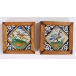 Two 18th Century Delft tiles, painted with a bird to each in blue, yellow and green, framed (2)