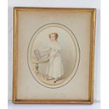 19th Century British school, a young lady standing by a book of landscapes, the rear of the