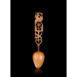 Fine 19th Century Welsh sycamore Love Spoon, surmounted by a bird and serpent above a six pointed