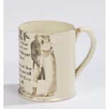 19th Century erotic mug, the creamware mug with a printed poem and image of a courting couple, the