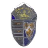 Stained glass panel, in the form of a shield surmounted by a crown above three fleur de lis and