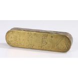 18th Century Dutch brass and copper tobacco box, decorated with a figural scene to the lid and