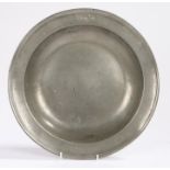 18th Century pewter dish/bowl, the high sides stamped with the initials B RI, rubbed touch marks