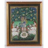 Indian school, gouache of Krishna playing the flute with four cows gathered and two figures, 22cm