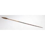 Peruvian spear/arrow, the feathers, cane and twine shaft ending with a long barbed wood end, 132cm