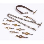 Silver pocket watch chain, with a clasp and T bar, 33cm long, together with a leather chain and a