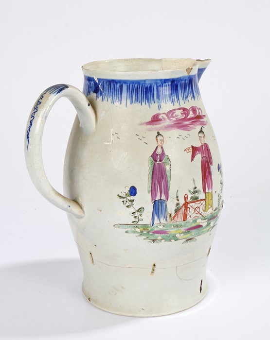 18th century porcelain jug, the body decorated with Oriental figures in a landscape, with - Image 2 of 2