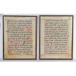 Two 16th Century music scores, on vellum in black and red ink, 37cm x 50cm, (2)