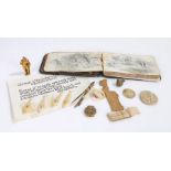 Collection of objects, to include a miniature gilt statue of Hercules, a piece of wood carved into