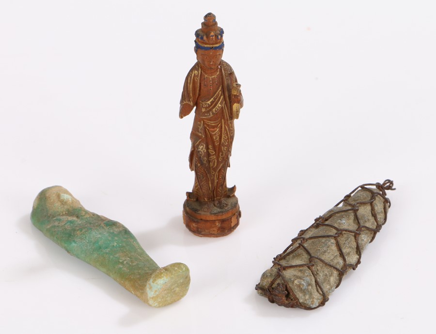 Ancient Egyptian Ushabti, in green glaze, 6cm high, together with an immortal housed within wirework