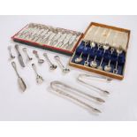 Silver and plated wares, to include two pairs of sugar tongs, condiment spoons, set of twelve