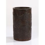 Chinese bamboo Scholars brush pot, Qing Dynasty, 19th Century, the pot carved with a vast